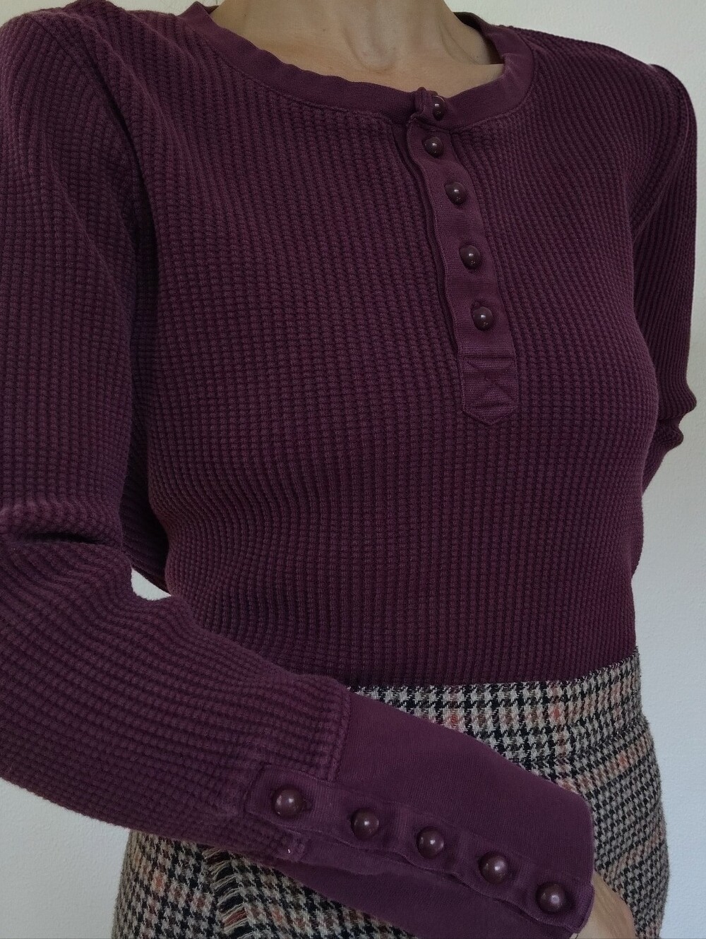 Soft Surroundings Waffle Knit Henley Long Sleeve 100% Cotton Shirt / Size Medium